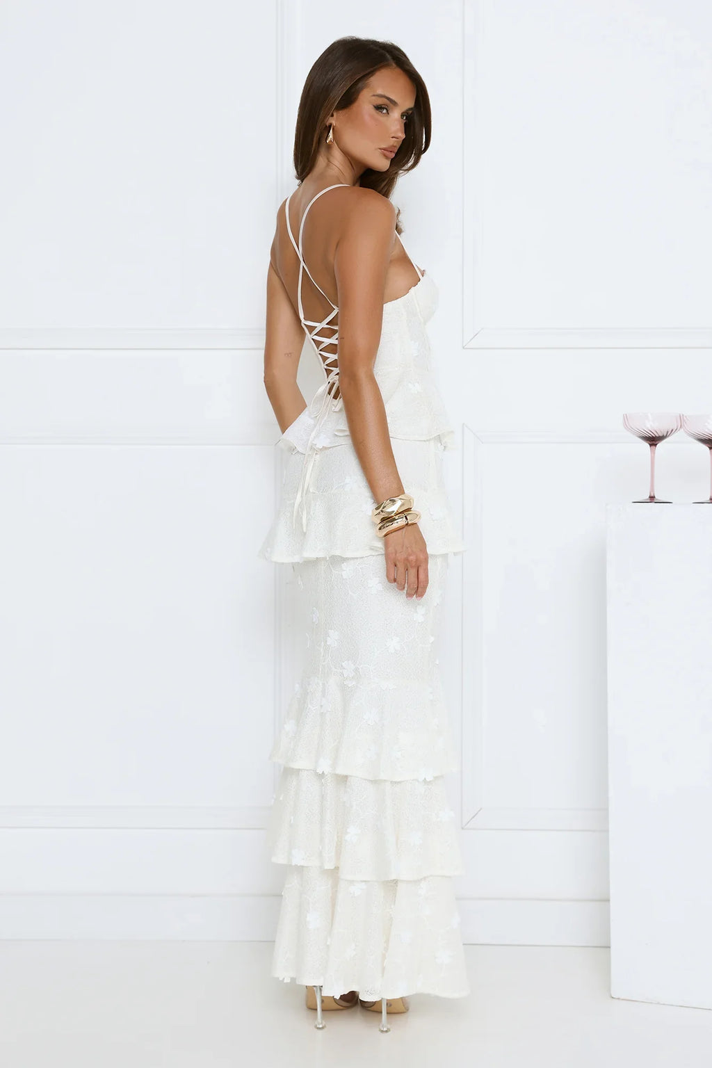 Luxury Prom Dresses with Lace Fabric Strapless Corset Bodice and Tiered Ruffle Skirt