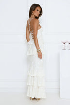 Luxury Prom Dresses with Lace Fabric Strapless Corset Bodice and Tiered Ruffle Skirt