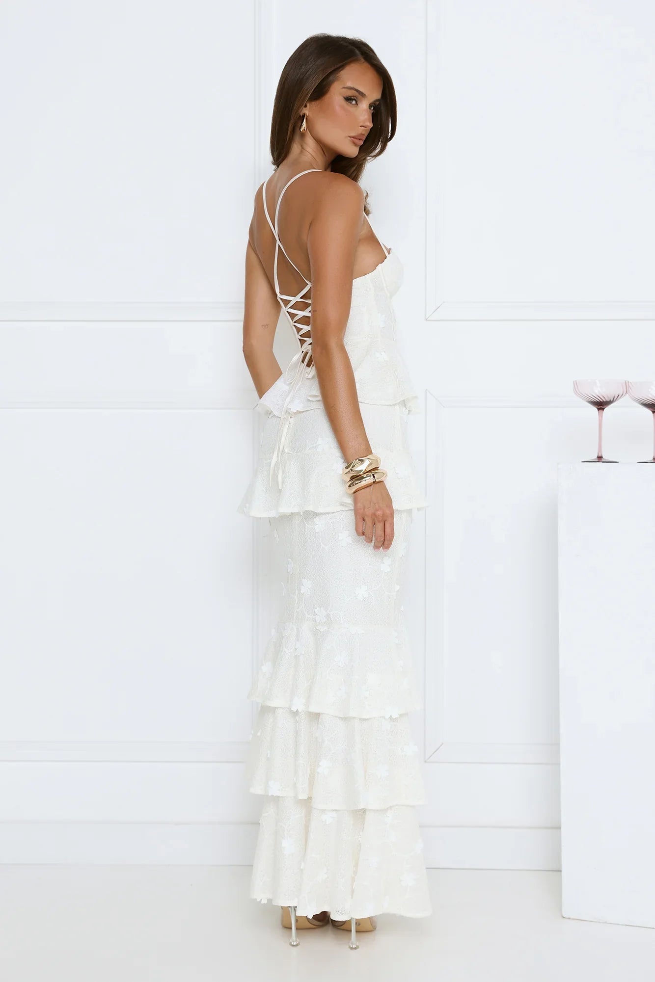 Luxury Prom Dresses with Lace Fabric Strapless Corset Bodice and Tiered Ruffle Skirt