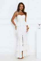 Luxury Prom Dresses with Lace Fabric Strapless Corset Bodice and Tiered Ruffle Skirt