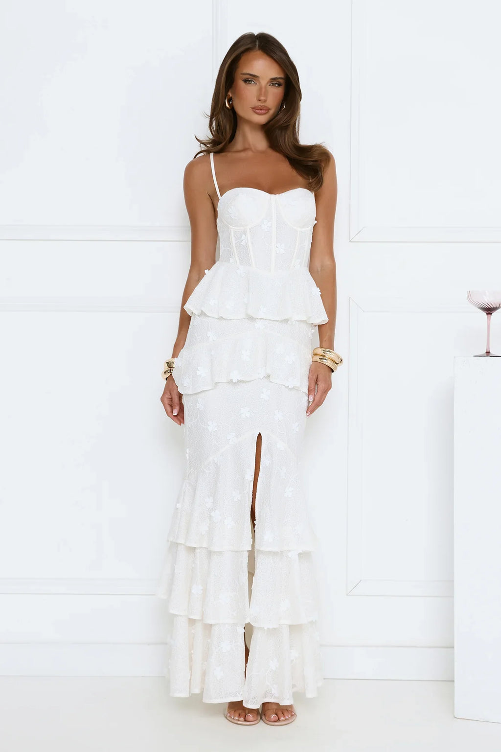 Luxury Prom Dresses with Lace Fabric Strapless Corset Bodice and Tiered Ruffle Skirt