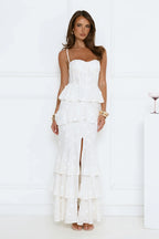 Luxury Prom Dresses with Lace Fabric Strapless Corset Bodice and Tiered Ruffle Skirt