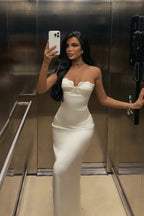 Luxury Prom Dresses with Satin Fabric Strapless Sweetheart Neck and High Slit