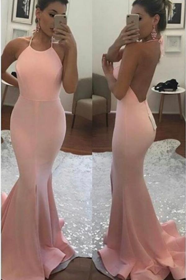 Meerjungfrauen-Abendkleid mit offenem Rücken, Neckholder, Spaghettiträgern und Schleppe 