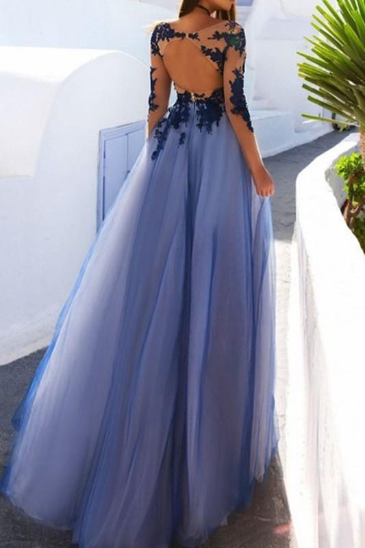 Lace Open Back See Through Long Sleeve Evening Dress, Prom Dresse