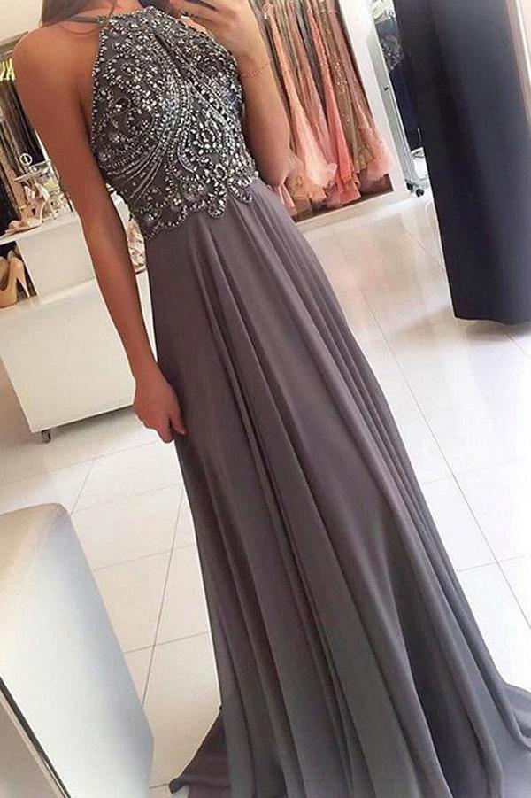 Chiffon Halter Perlenbesetztes Langes Ballkleid Festliches Kleid für Mädchen