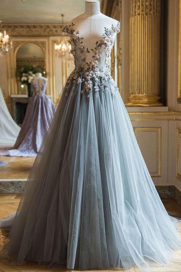 Vestidos de fiesta largos de tul corte A con cuello de pico y flores Vestidos de noche