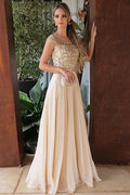 Elegant Chiffon A Line Cap Sleeves Round Neck Long Prom Dress with Beading