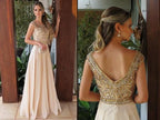 Elegant Chiffon A Line Cap Sleeves Round Neck Long Prom Dress with Beading