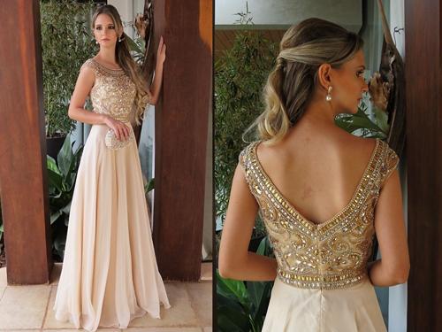 Elegant Chiffon A Line Cap Sleeves Round Neck Long Prom Dress with Beading
