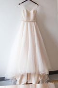 Blush Tulle Ball Gown Lace Prom Dresses, Sweetheart Wedding Dress