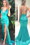 Vestidos de fiesta largos con escote en V profundo y cola amplia en color jade 