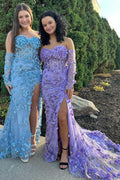 Langes, trägerloses Ballkleid aus 3D-Blumenspitze mit abnehmbaren Ärmeln