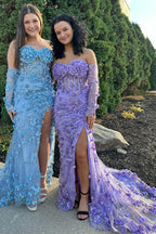 Langes, trägerloses Ballkleid aus 3D-Blumenspitze mit abnehmbaren Ärmeln