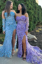 Langes, trägerloses Ballkleid aus 3D-Blumenspitze mit abnehmbaren Ärmeln