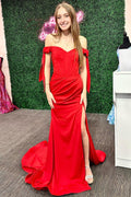 Off-the-Shoulder Bow Sleeve Mermaid Long Prom Dress with Slit