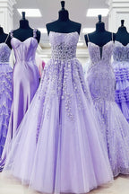 Aqua Blue Appliques Strapless A-Line Long Prom Dress
