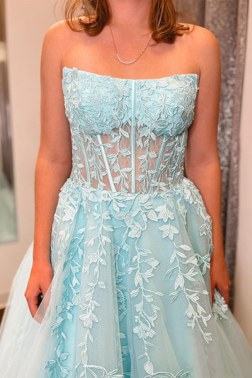 Langes, trägerloses A-Linien-Abendkleid in Aquablau mit Applikationen