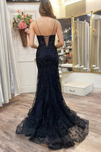 Applikationen, tiefer V-Ausschnitt, Schnürung, Trompeten-Abendkleid
