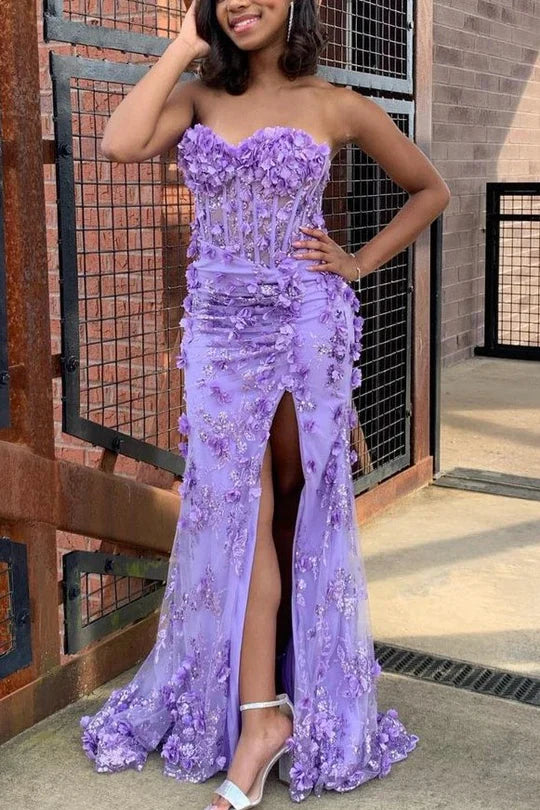 Vestido de fiesta de sirena con escote en forma de corazón, apliques 3D y flores sin tirantes y abertura