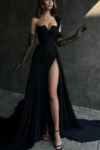 Vestido de fiesta formal de gasa con abertura alta, corte A, un hombro, color negro