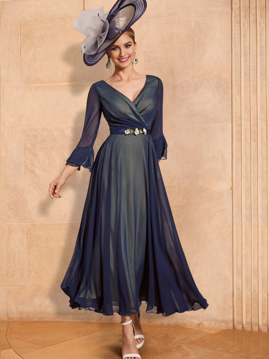 A-Linien-/Prinzessinnen-Kleid mit V-Ausschnitt, knöchellang, mit Gürtel für die Mutter der Braut 