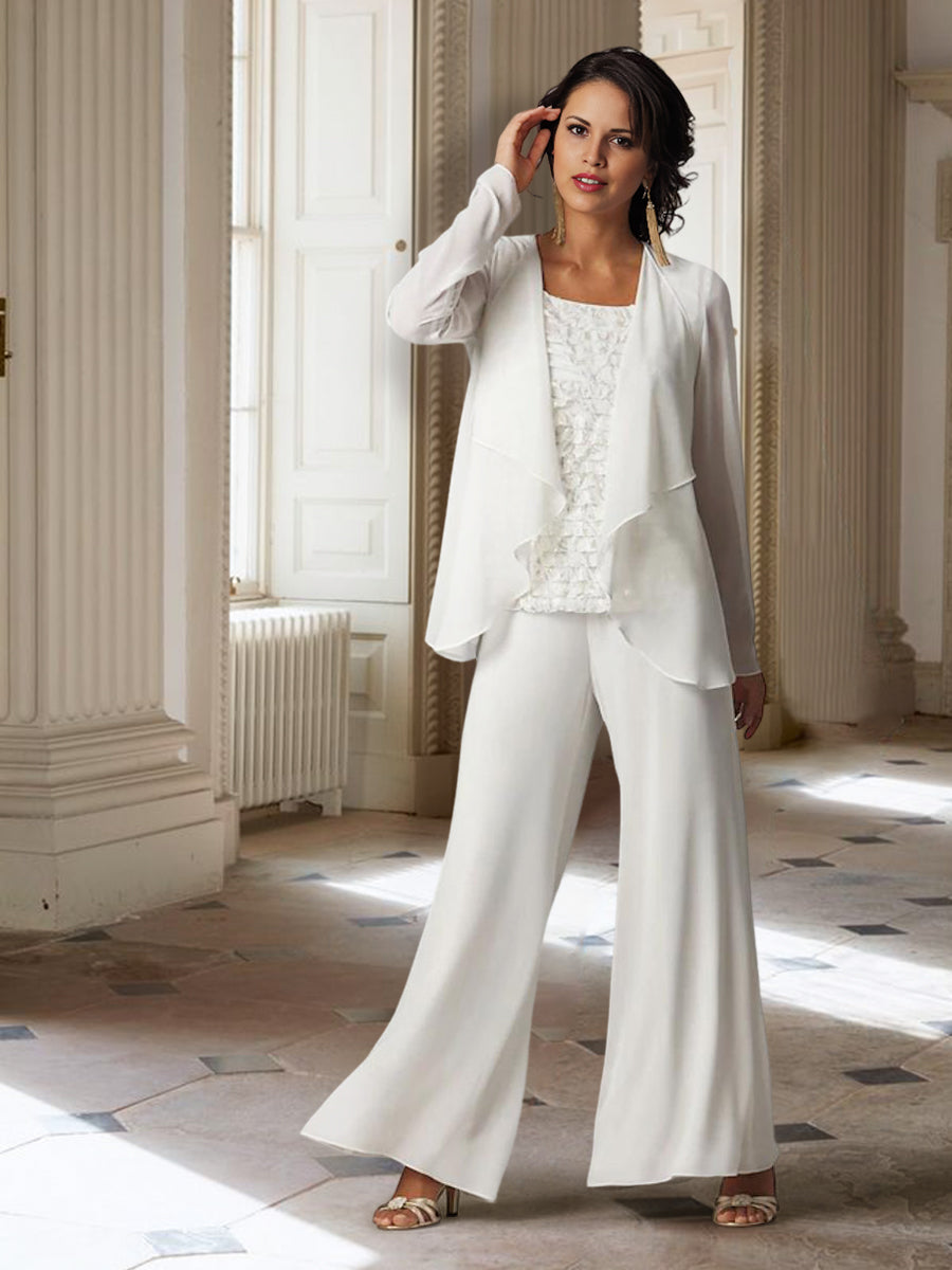 Chiffon-Hosenanzug mit langen Ärmeln und Jacke für die Mutter der Braut 