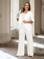 Chiffon-Hosenanzug mit langen Ärmeln und Jacke für die Mutter der Braut 