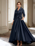 A-Linien-/Prinzessinnen-Kleid mit langen Ärmeln, Taschen und Gürtel für die Mutter der Braut. 