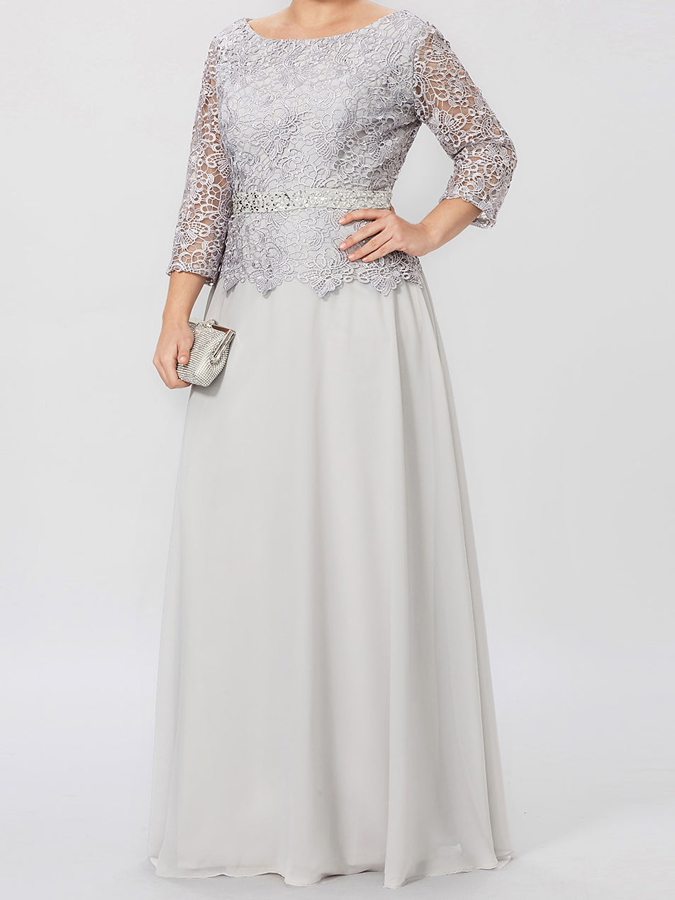 A-Linien-/Prinzessinnenkleid mit Rundhalsausschnitt, 3/4-Ärmeln und bodenlanger Ausführung für die Mutter der Braut, verziert mit Applikationen und Pailletten 