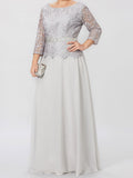 A-Linien-/Prinzessinnenkleid mit Rundhalsausschnitt, 3/4-Ärmeln und bodenlanger Ausführung für die Mutter der Braut, verziert mit Applikationen und Pailletten 