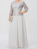 A-Linien-/Prinzessinnenkleid mit Rundhalsausschnitt, 3/4-Ärmeln und bodenlanger Ausführung für die Mutter der Braut, verziert mit Applikationen und Pailletten 
