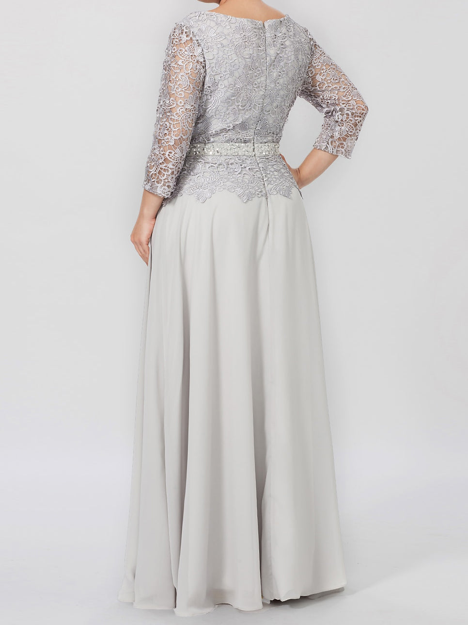 A-Linien-/Prinzessinnenkleid mit Rundhalsausschnitt, 3/4-Ärmeln und bodenlanger Ausführung für die Mutter der Braut, verziert mit Applikationen und Pailletten 