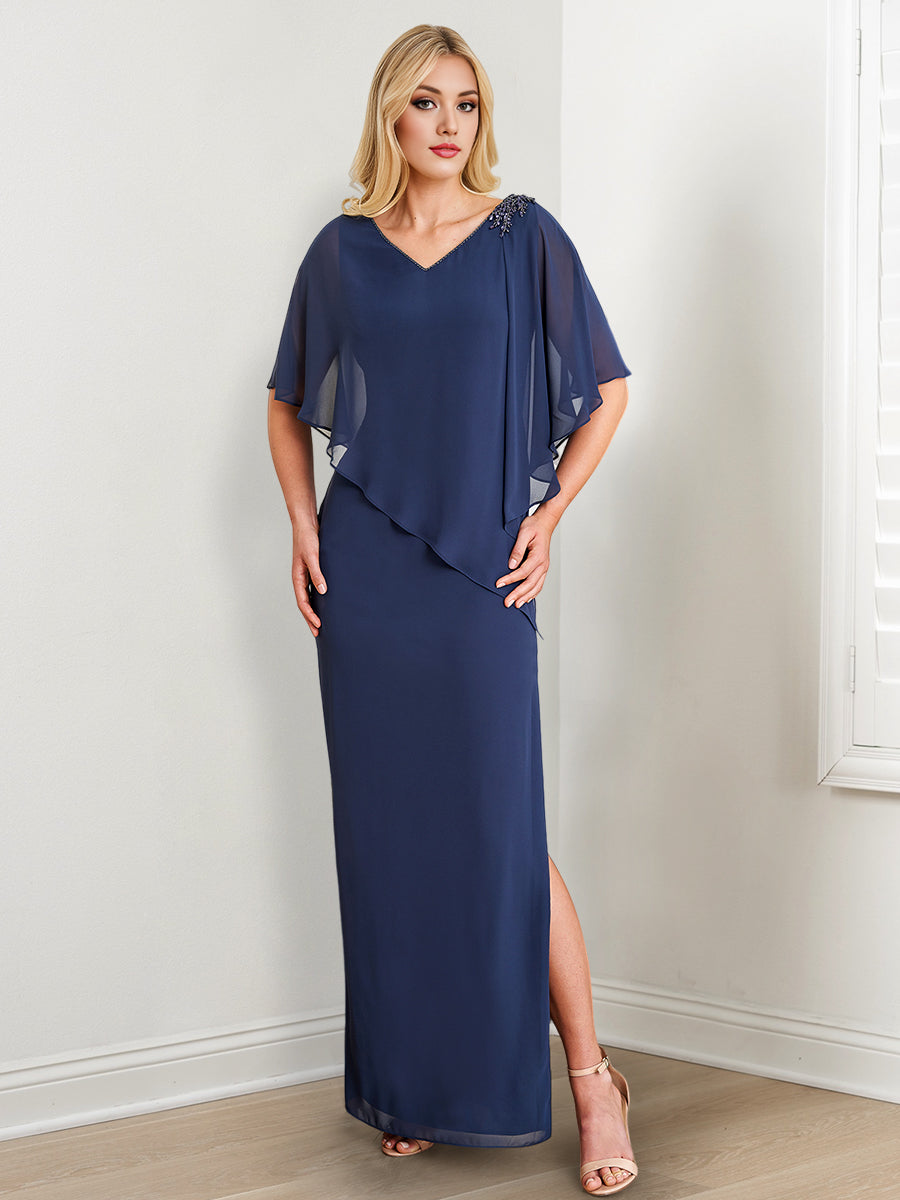 Etui-/Säulenkleid mit V-Ausschnitt für die Mutter der Braut mit Perlenstickerei und Seitenschlitz 