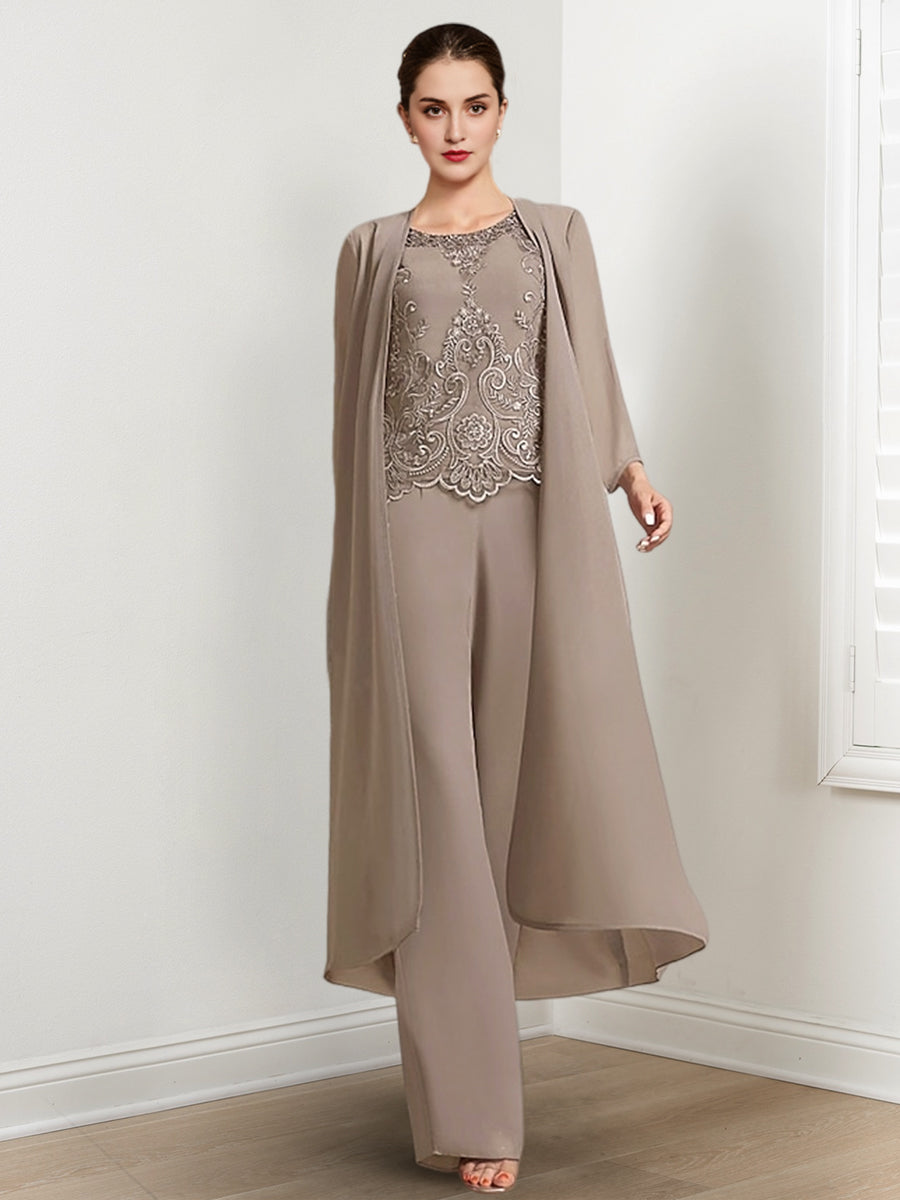 Chiffon-Hosenanzug mit langen Ärmeln und Jacke für die Mutter der Braut 