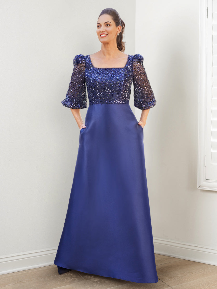 A-Linien-/Prinzessinnen-Kleid mit eckigem Ausschnitt für die Mutter der Braut, verziert mit Pailletten und Taschen 