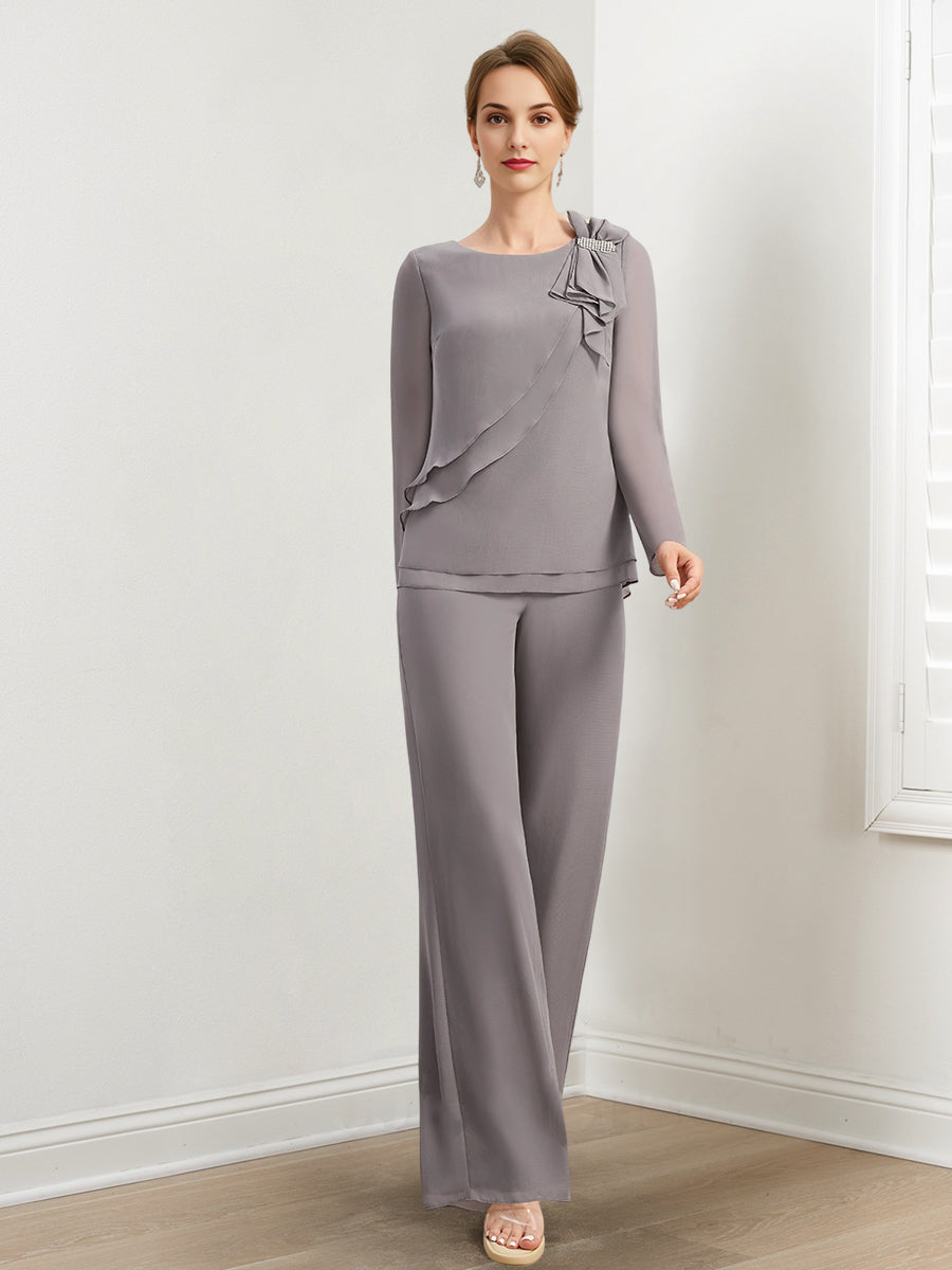 Chiffon-Hosenanzüge für die Mutter der Braut mit Perlenstickerei und Rüschen 