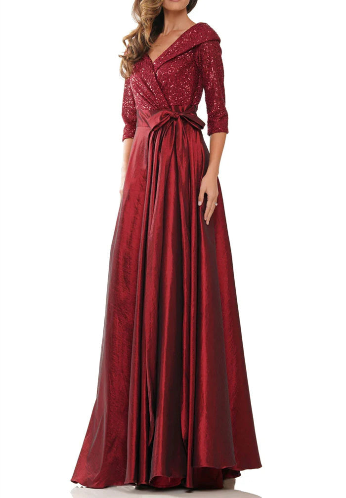 A-Linien-/Prinzessinnenkleider mit V-Ausschnitt und bodenlanger Silhouette für die Mutter der Braut 