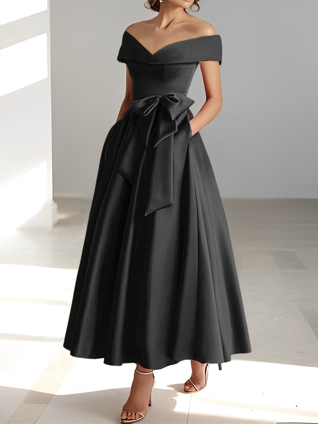 A-Linien-/Prinzessinnen-Kleid, schulterfrei, ärmellos, knöchellang, für die Mutter der Braut mit Taschen 