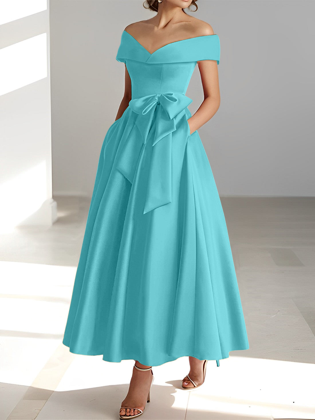 Vestidos de madre de la novia de corte A/princesa, sin mangas, hasta los tobillos, con hombros descubiertos y bolsillos 