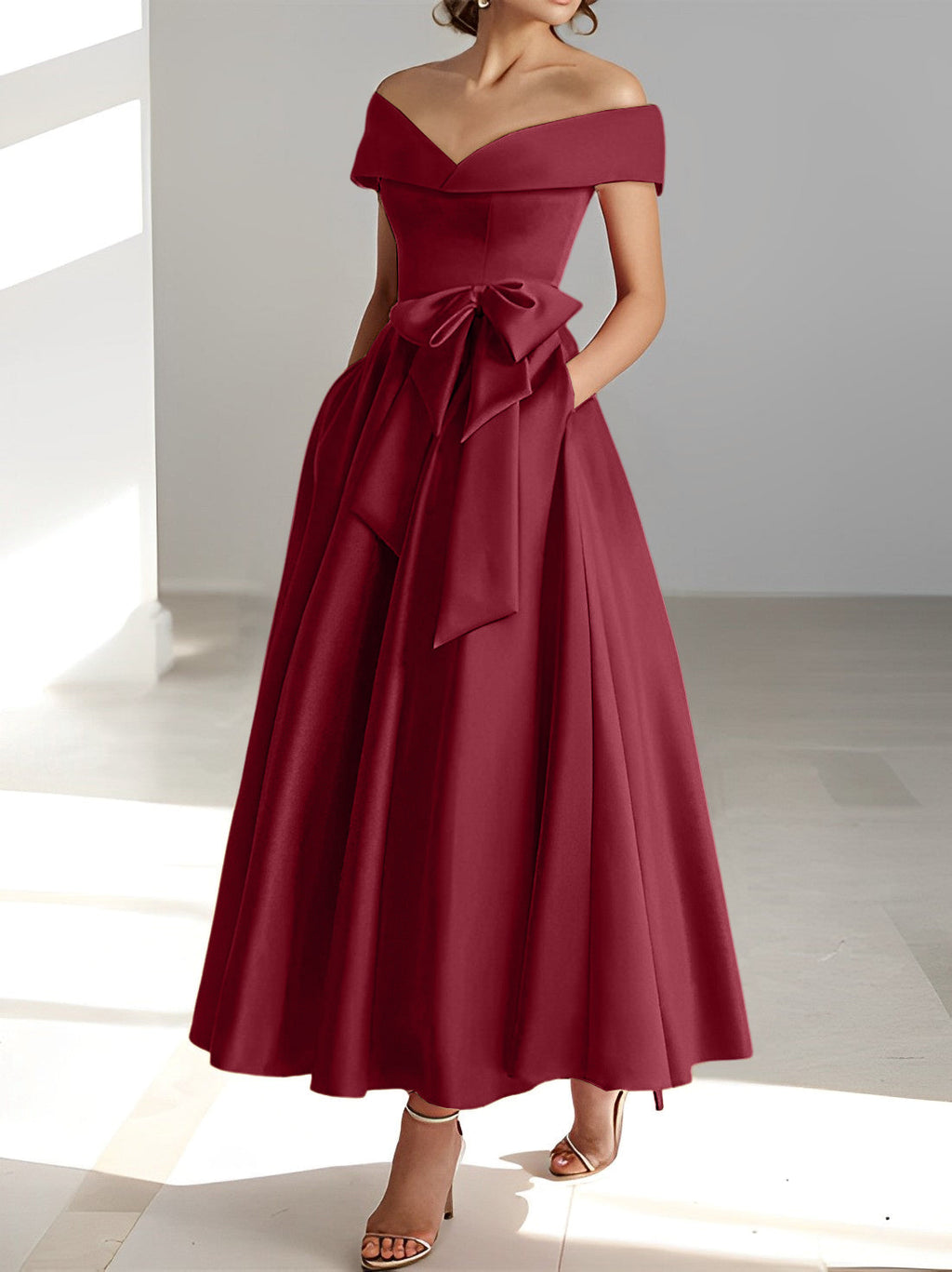 A-Linien-/Prinzessinnen-Kleid, schulterfrei, ärmellos, knöchellang, für die Mutter der Braut mit Taschen 