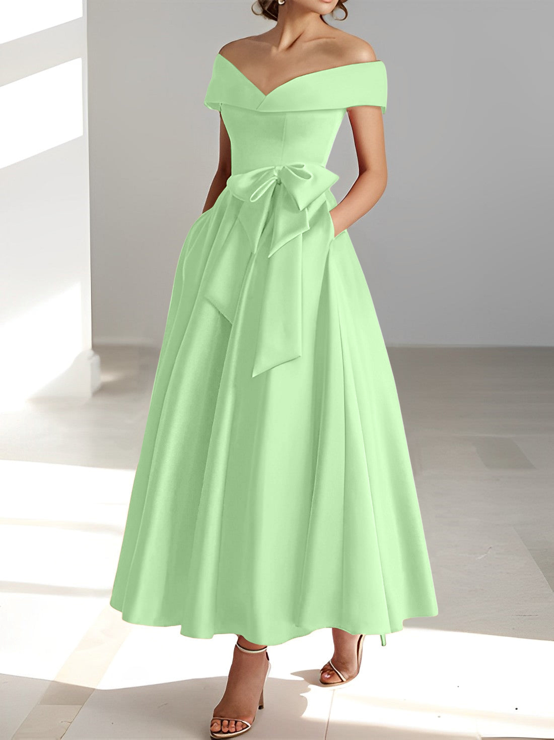 Vestidos de madre de la novia de corte A/princesa, sin mangas, hasta los tobillos, con hombros descubiertos y bolsillos 