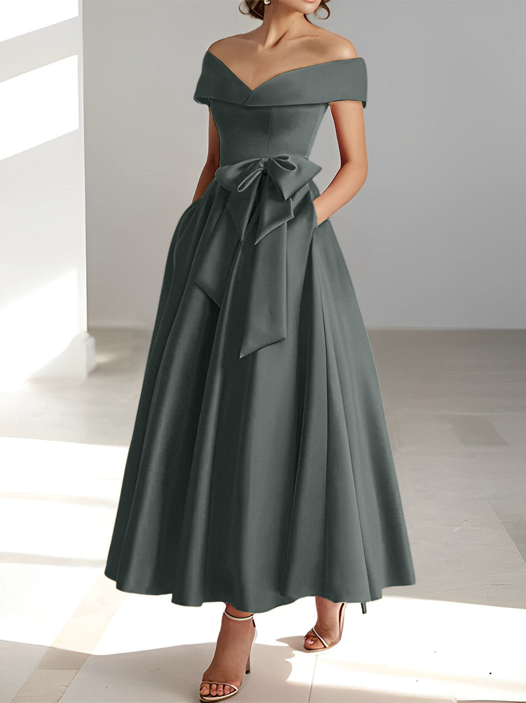 A-Linien-/Prinzessinnen-Kleid, schulterfrei, ärmellos, knöchellang, für die Mutter der Braut mit Taschen 