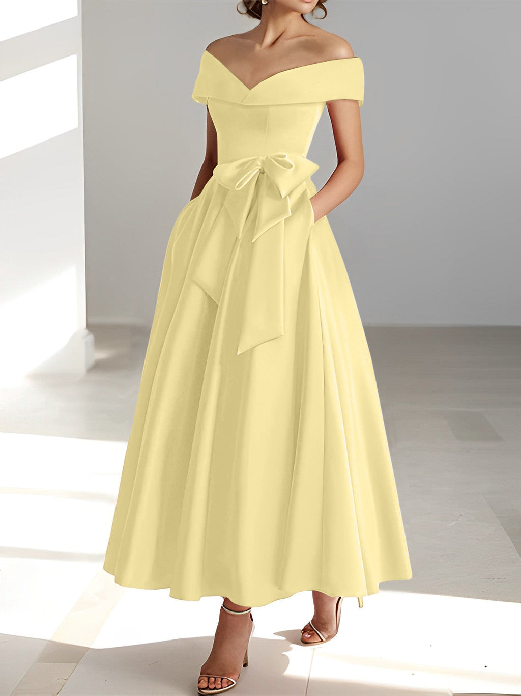 A-Linien-/Prinzessinnen-Kleid, schulterfrei, ärmellos, knöchellang, für die Mutter der Braut mit Taschen 