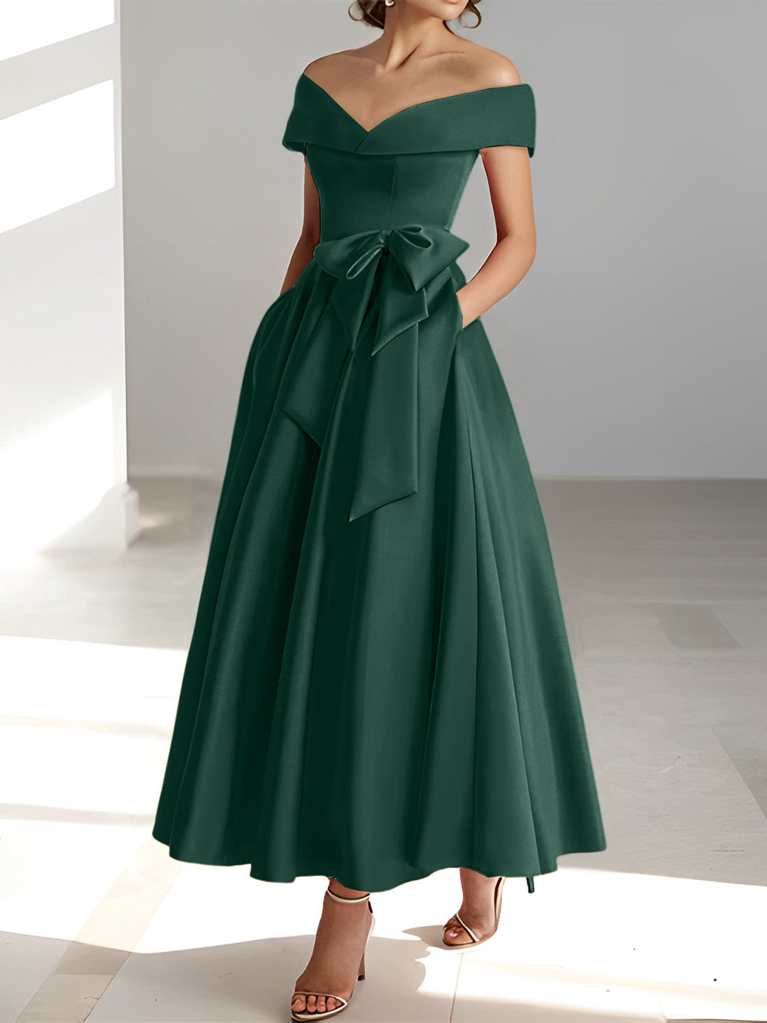 Vestidos de madre de la novia de corte A/princesa, sin mangas, hasta los tobillos, con hombros descubiertos y bolsillos 