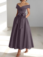 A-Linien-/Prinzessinnen-Kleid, schulterfrei, ärmellos, knöchellang, für die Mutter der Braut mit Taschen 