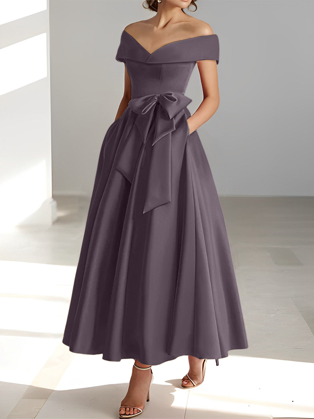 Vestidos de madre de la novia de corte A/princesa, sin mangas, hasta los tobillos, con hombros descubiertos y bolsillos 
