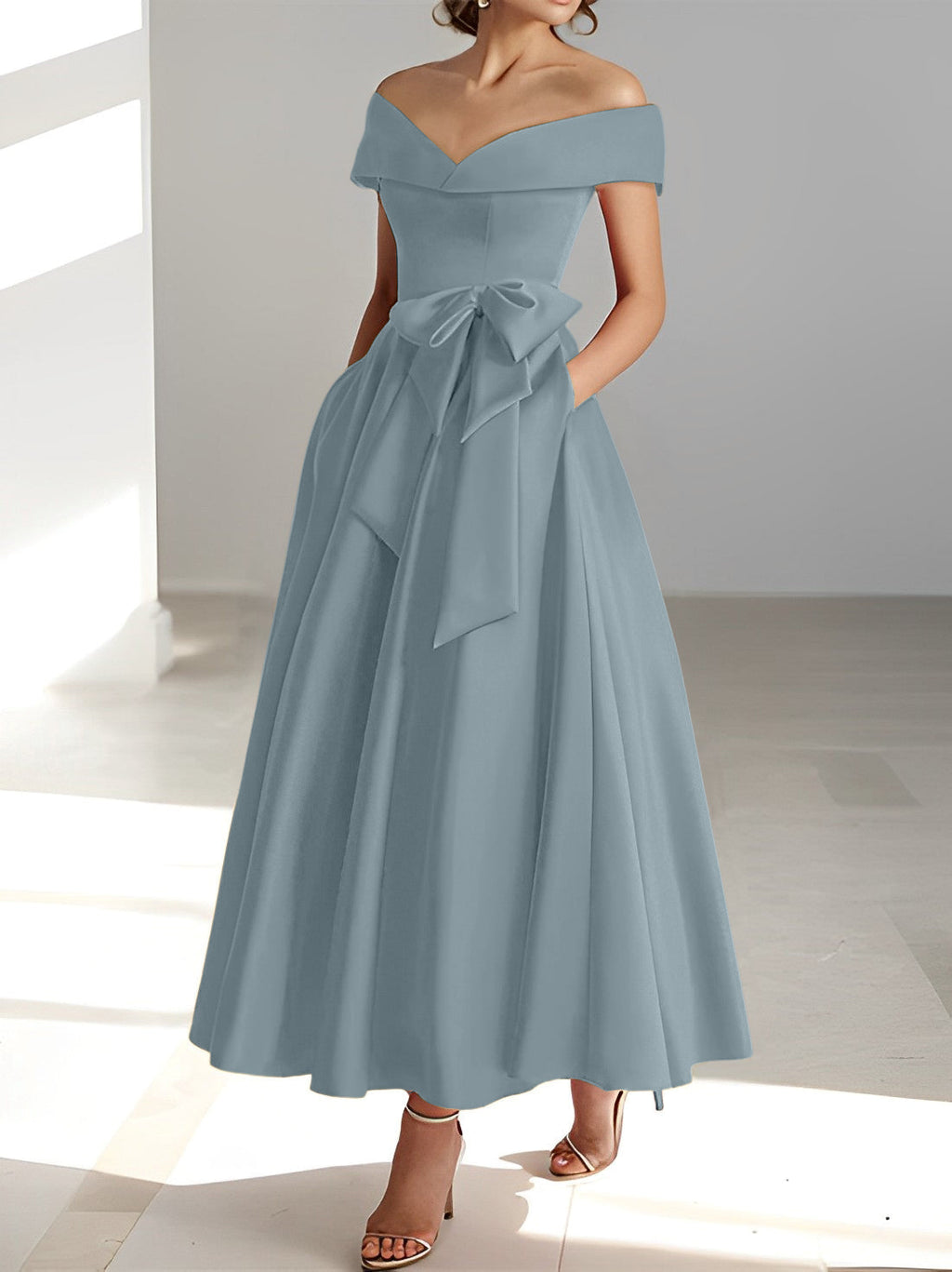 A-Linien-/Prinzessinnen-Kleid, schulterfrei, ärmellos, knöchellang, für die Mutter der Braut mit Taschen 