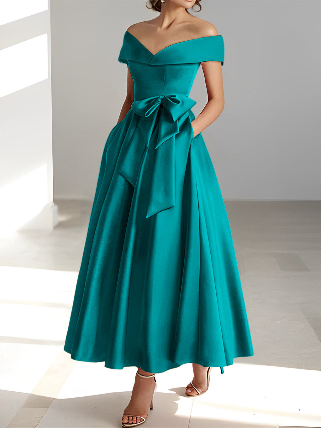 A-Linien-/Prinzessinnen-Kleid, schulterfrei, ärmellos, knöchellang, für die Mutter der Braut mit Taschen 