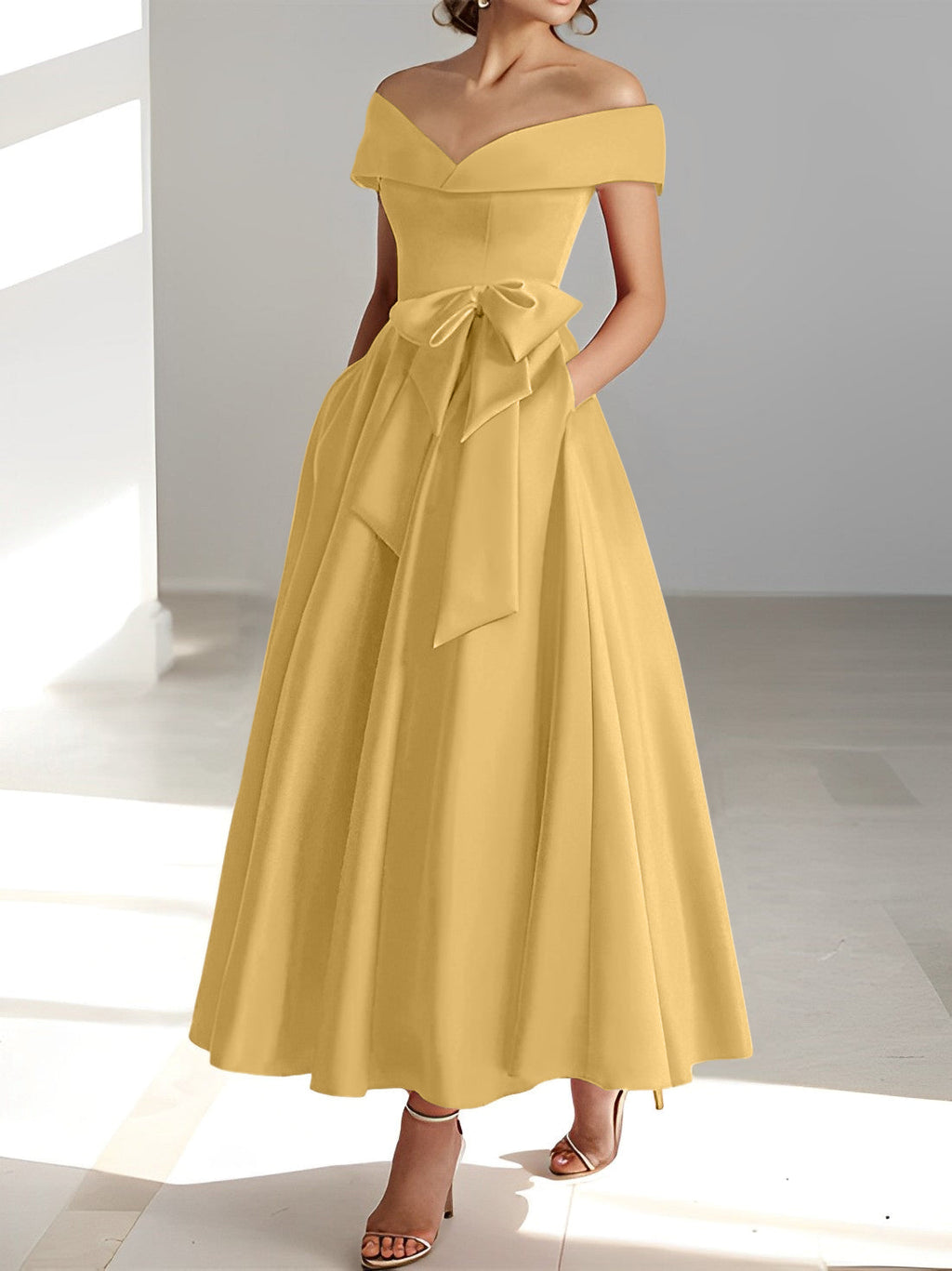 A-Linien-/Prinzessinnen-Kleid, schulterfrei, ärmellos, knöchellang, für die Mutter der Braut mit Taschen 